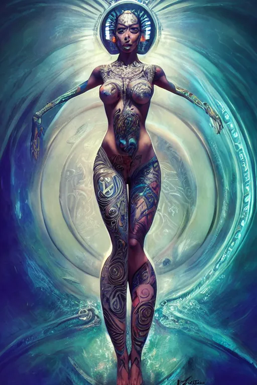 Prompt: a centered full body render of an alluring futuristic goddess with tribal tattoos surrounded by a underwater ink pour and flowing liquid gallium and sacred geometry, perfect body and face, powerful, cinematic, beautifully lit, by artgerm, by karol bak, 3 d, trending on artstation, octane render, 8 k