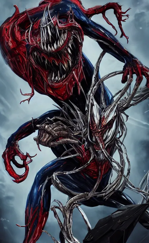 Prompt: ''venom combined with chainsaw man, venomized, creepy art, hyperrealistic art, digital art, cinematographic, concept art, artstation, 8 k''