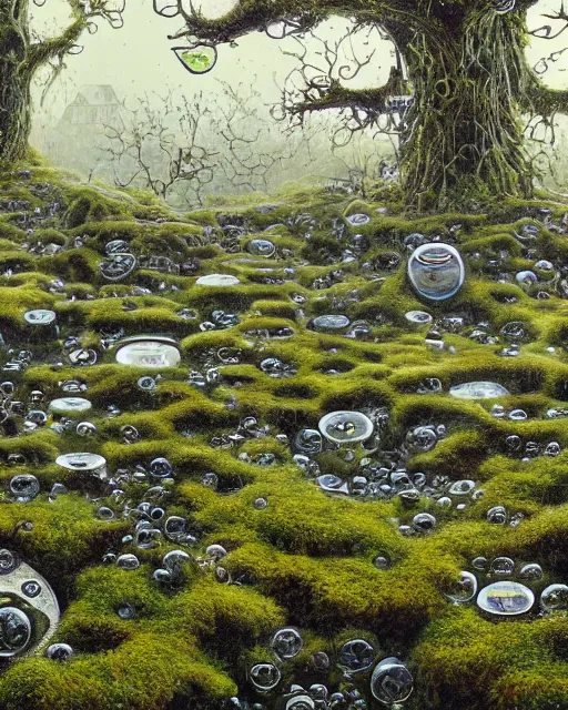 Image similar to panoramic view, superintelligent ecological matrix of moss and lichen dotted biomechanical trees growing on junkyard heaps of electronics and automobiles among puddles of glistening oil, artists bev doolittle and philippe caza, high contrast cinematic light, mystical shadows, sharp focus, octane render, three dimensional autostereogram optical illusion, repeating patterns