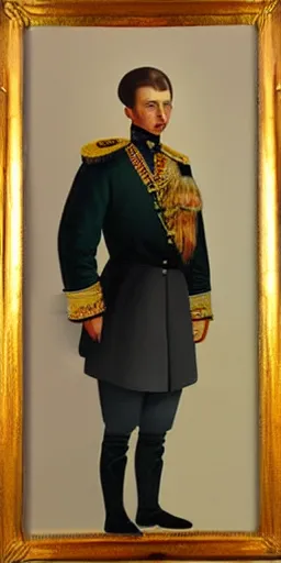 Prompt: young russian tsar. fullbody. oil paint.