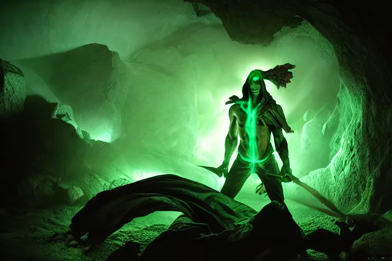 Image similar to vfx film, soul reaver, raziel irl, price of persia movie, missing jaw, hero pose, devouring magic souls, glowing green soul blade, in epic ancient sacred huge cave temple, flat color profile low - key lighting award winning photography arri alexa cinematography, hyper real photorealistic cinematic beautiful, atmospheric cool colorgrade