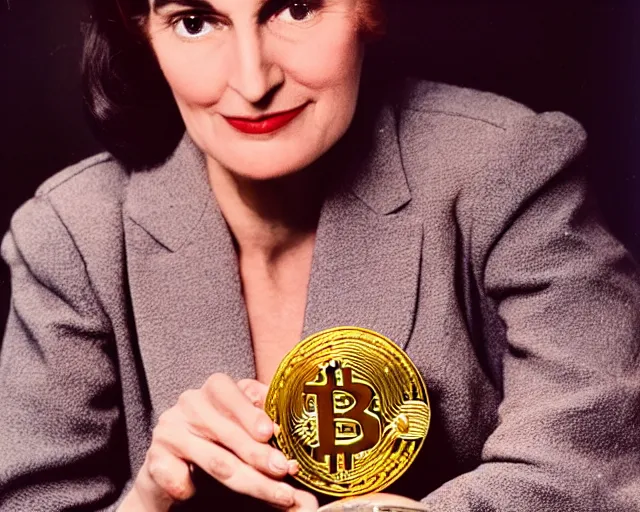 Prompt: ayn rand holding a golden bitcoin, commercial stock photo by annie liebovitz, j. c. leyendecker