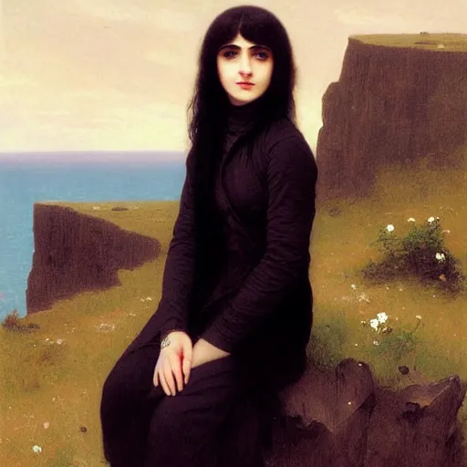 Image similar to 1 7 - year - old pale - skinned persian girl with black long bob cut, long bangs, black gothic jacket, black jeans, psychic girl, standing on cliff along the irish coast, overcast gray skies, ultra - realistic, sharp details,, intricate details, art by william - adolphe bouguereau