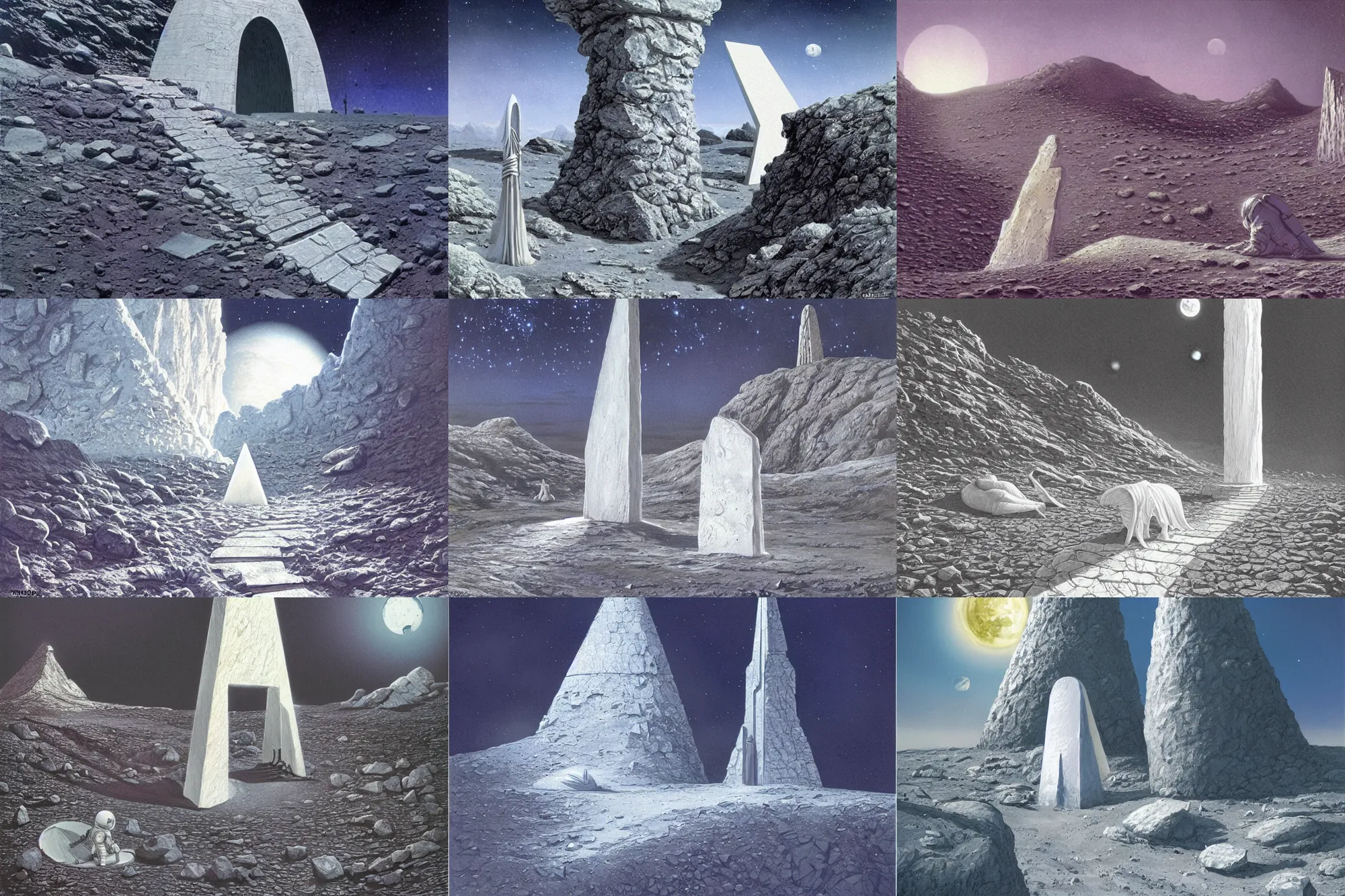 Prompt: a huge white obelisk on moon landscape, crystals, a dragon sleeping inside the entrance of the obelisk, by ted nasmith