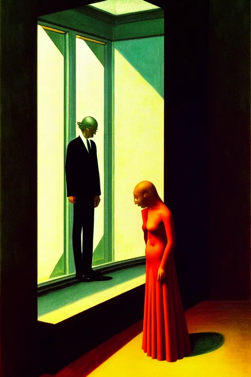 Image similar to man and woman, in the void, by the mirror, station edward hopper and james gillard, zdislav beksinski, high detail alex colville, otto mueller, stephen conroy, sandro botticelli, andrew newell wyeth, daniel meidman jussi picho, octane rendering