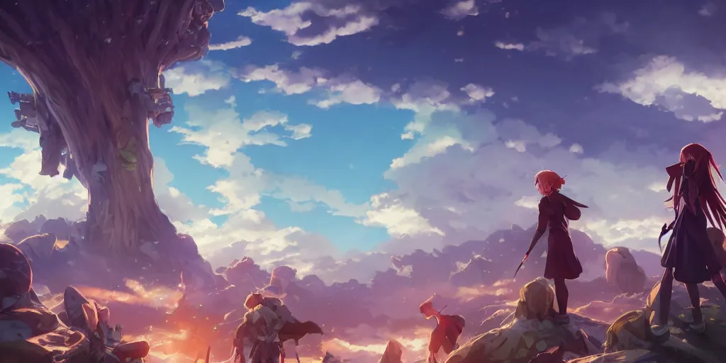 Image similar to isekai masterpiece by mandy jurgens, irina french, rachel walpole, ross tran, illya kuvshinov, and alyn spiller of an anime woman standing tree log looking up at giant crystals, high noon, cinematic, very warm colors, intense shadows, ominous clouds, anime illustration, anime screenshot composite background