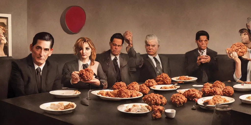 Image similar to Twin peaks but Dale Cooper is eating a pile of meatballs in the black lodge with laura palmer, Greg Rutkowski, Darek Zabrocki, Karlkka, Jayison Devadas, Phuoc Quan, trending on Artstation, 8K, ultra wide angle, pincushion lens effect.