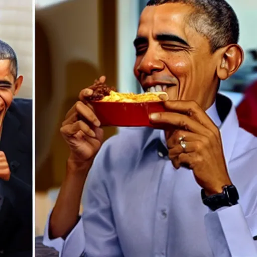 Prompt: barack obama eating chili fries, eating, chili fries, cheesy