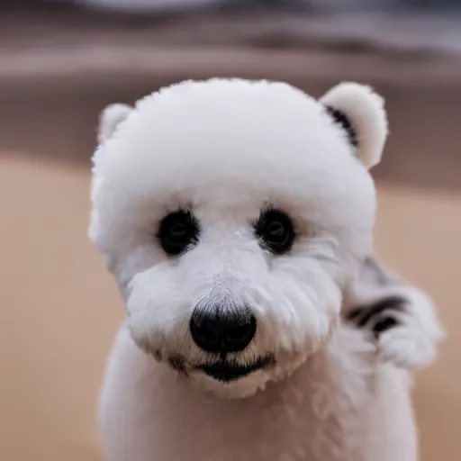 Image similar to a closeup photorealistic photograph of panda themed white bichon frise smiling on the beach at sunset. This 4K HD image is Trending on Artstation, featured on Behance, well-rendered, extra crisp, features intricate detail and the style of Unreal Engine.