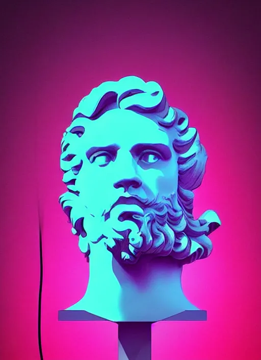 Image similar to bust of hercules, beeple, vaporwave, retrowave, black background, neon wiring, black, glitch, strong contrast, cuts, pinterest, trending on artstation