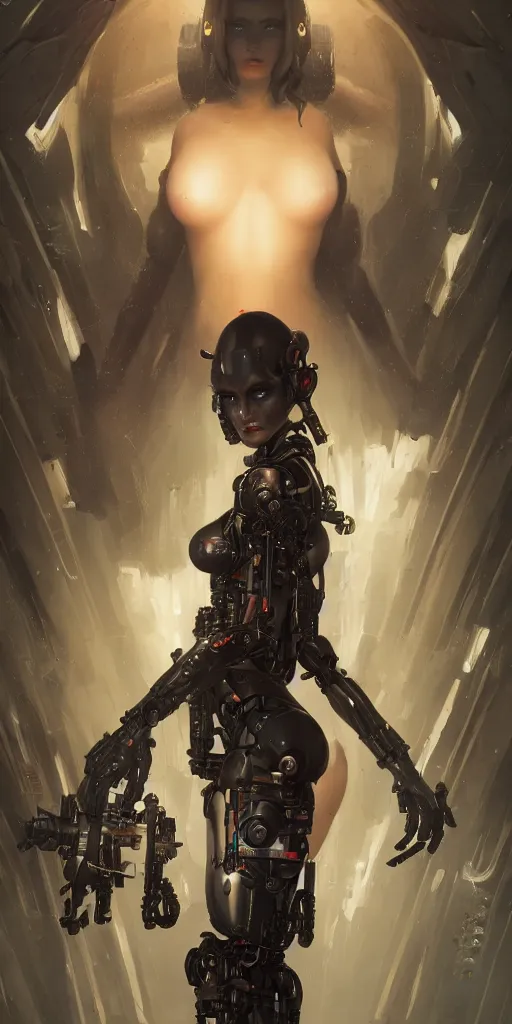 Image similar to a cyborg succubus, flawless symmetrical pretty cute face, greg rutkowski, 8 k, shallow depth of field, intricate detail, concept art,