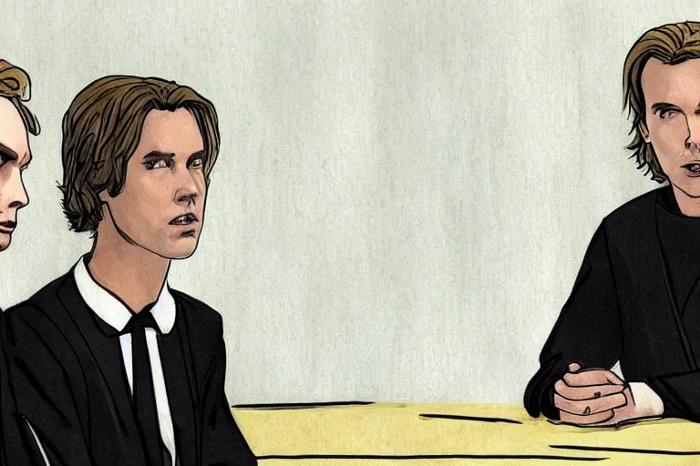 Prompt: anakin skywalker talking to jimmy mcgill in court, us court, 1 0 8 0 p, court session images, realistic faces