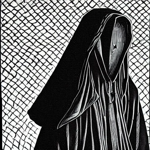 Image similar to hooded man with concealed face, junji ito,