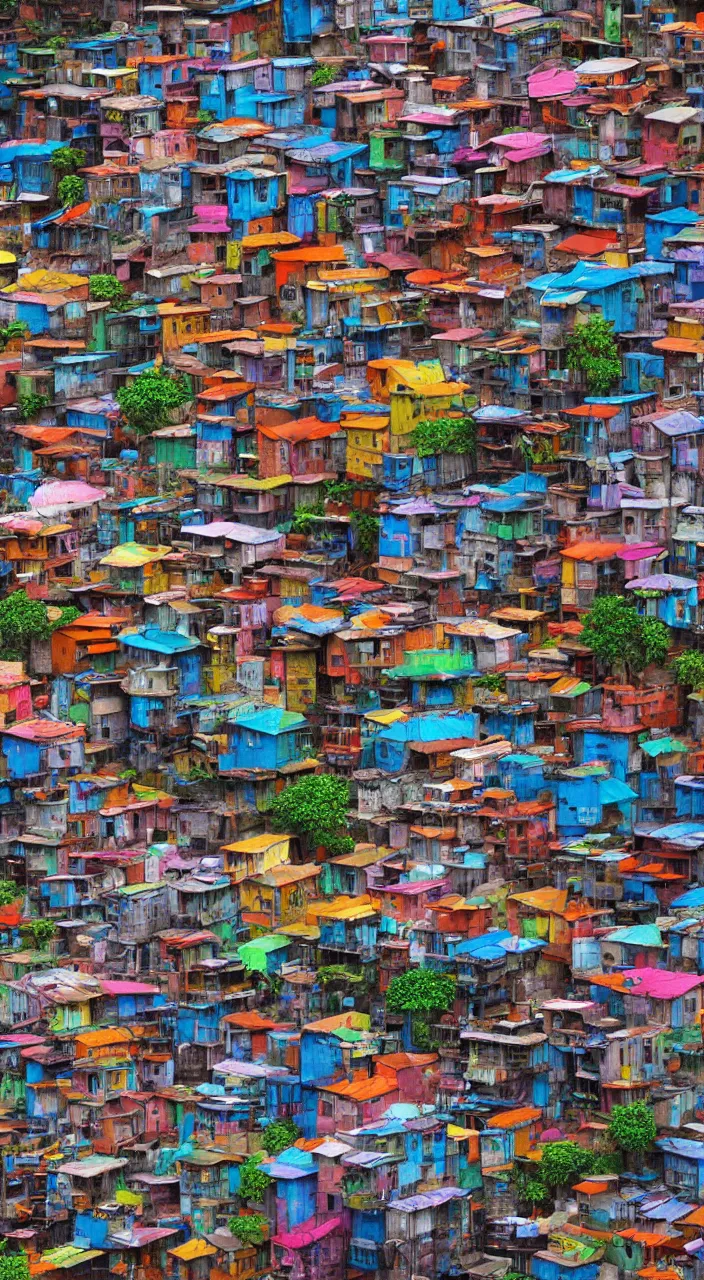 Prompt: a beautiful highly detailed matte painting of a vivid colorful favela by Jose Daniel Cabrera Pena and Leonid Kozienko, concept art