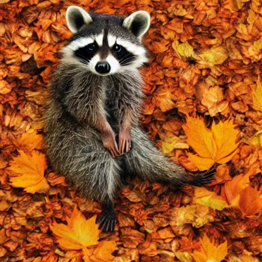 Image similar to cute baby raccoon sitting in pile of fall leaves detailed painting 4 k