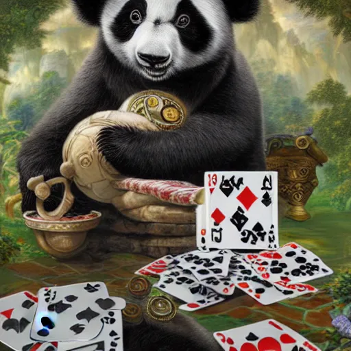 Prompt: panda bears playing cards, realistic, regal, refined, detailed digital art, michael cheval, walt disney ( 1 9 3 7 ), francois boucher, oil painting, steampunk, highly detailed, cinematic lighting, unreal engine, 8 k