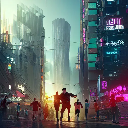 Image similar to landscape bunch of people running away scared from cryptocurrency logo standing in the city, cyberpunk, artstation, hyperdetailed, hdr, 8 k