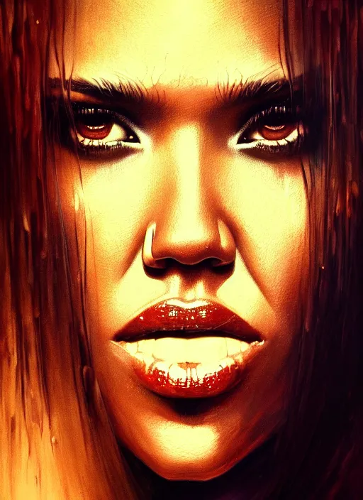 Image similar to close up portrait of jessica alba as a monster in the mountains of hell, oil painting by tomasz jedruszek, cinematic lighting, pen and ink, intricate line, hd, 4 k, million of likes, trending on artstation