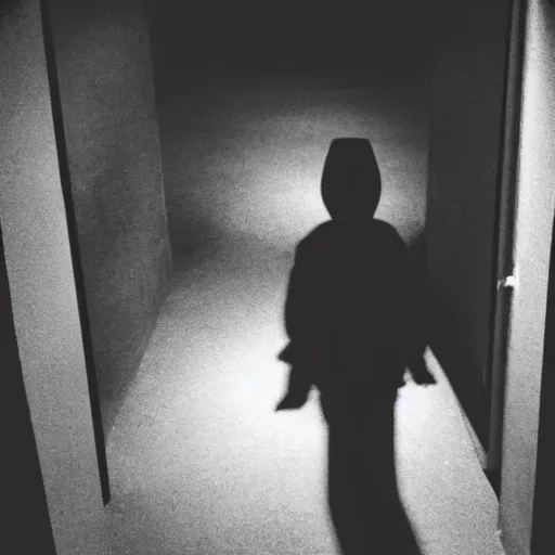 Image similar to horror scary dark shadow creature emerges from behind a shadow in a dark hallway at night with no light