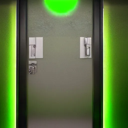 Image similar to a door with a hazardous green glow behind it. there is a sign above the door saying, caution do not enter