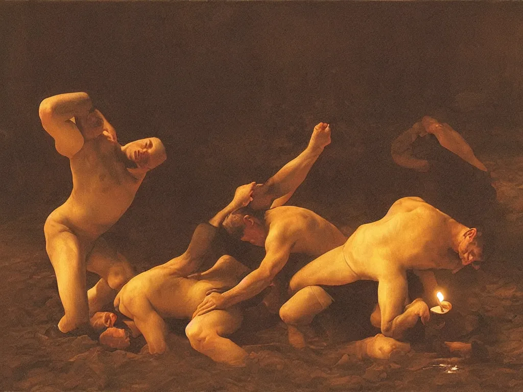 Prompt: Two men wrestling in the mud. Candle light. Painting by Georges de la Tour.