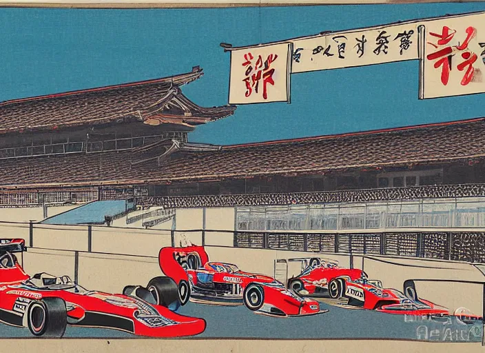 Prompt: ukiyo - e painting of formula 1 cars at circuit de spa - francorchamps