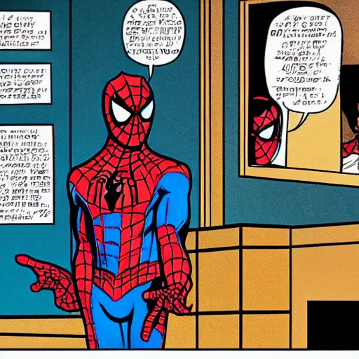 Image similar to spider-man giving speaking behind a pulpit in a Baptist church, comic book art