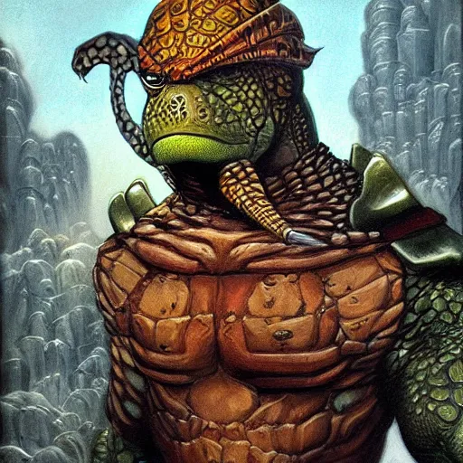 Prompt: anthropomorphic turtle hero by gerald brom