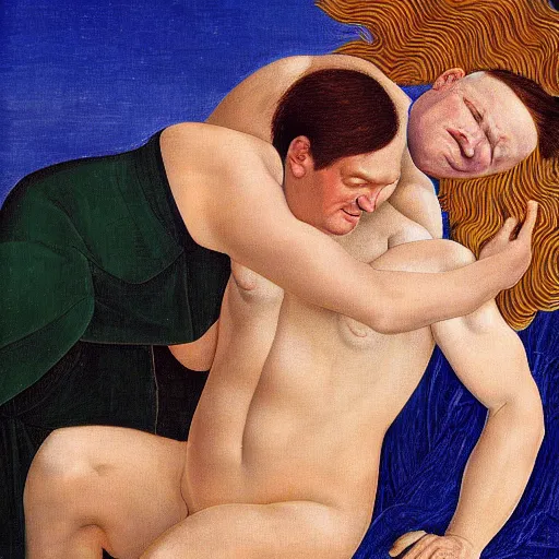 Image similar to conan o'brien and andy richter wrestling, by sandro botticelli, oil on canvas