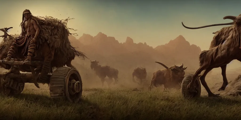 Image similar to photo of an ancient tribesman on ancient atv with wooden wheels, hunting buffalo ,attacking, chase, action scene, an epic fantasy, dramatic lighting, cinematic, establishing shot, extremely high detail, photorealistic, cinematic lighting, artstation, octane render, by simon stalenhag, horizon forbidden west,old photo, high speed photography, vintage