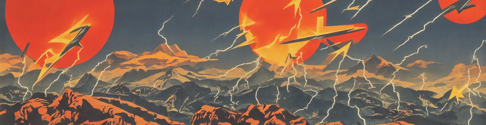 Prompt: solar montain with one lightning bolts in 1940s propaganda poster