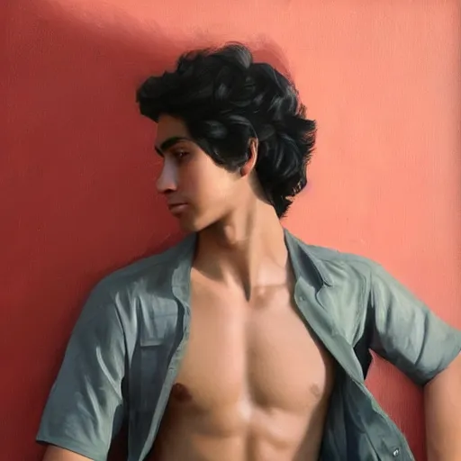 Image similar to oil painting by ilya kuvshinov, baugh casey, rhads, coby whitmore, of a youthful persian - indian college student, fair olive skin, refined features, high cheekbones, handsome, curly black hair, outdoors, highly detailed, breathtaking face, studio photography, dawn, intense subsurface scattering, blush, supple look, innocence, intense sunlight