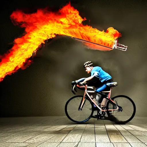 Prompt: a bicycle with a flamethrower, artistic photorealistic