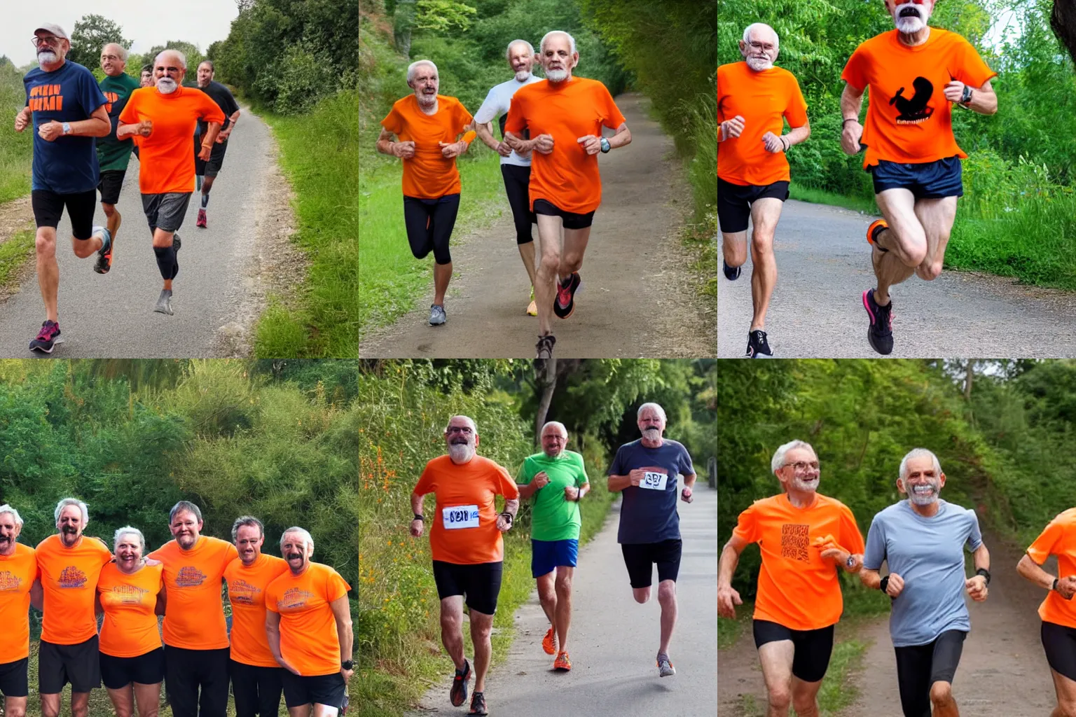 Prompt: a group of runners including a skinny old man with glasses, running barefoot, a very short grey beard and moustache, wearing an orange t-shirt, running along a path beside a wide river,