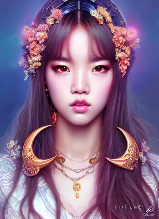 Image similar to lisa of blackpink, goddess of the moon, highly detailed, digital painting, smooth, sharp focus, illustration, ultra realistic, unreal engine, 8 k, art by artgerm and alphonse mucha