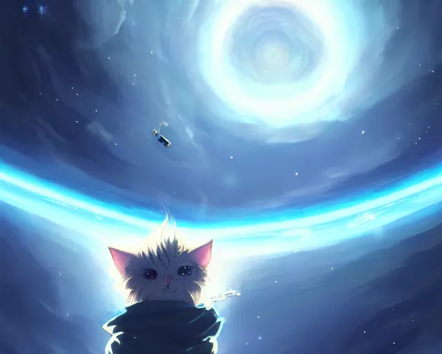 Image similar to one cartoonish kitty dressed as Gandalf floating alone in space, bright stars, anime, a fantasy digital painting by Greg Rutkowski and James Gurney, trending on Artstation, highly detailed