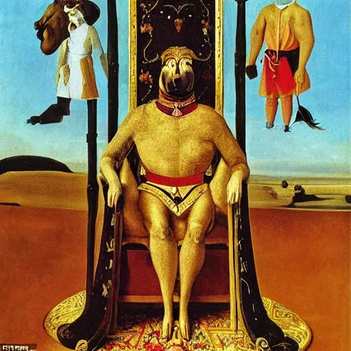 Prompt: A portrait of a capybara depicted as a medieval king on a throne, oil painting by Salvador Dali, in the style of Salvador Dali