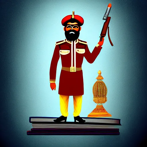 Image similar to a painting of an indian cop in khakhi uniform, an indian man in formal wear and a rugged indian bearded man standing on top of a book, detailed digital art, hyperrealistic, trending on artstation