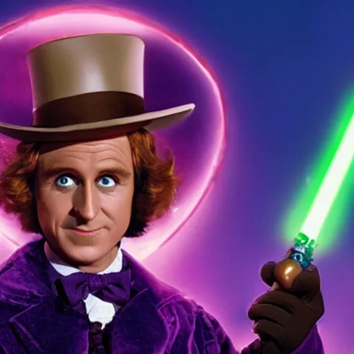 Prompt: willy wonka as a jedi from star wars, using jedi robe and holding a lightsaber, realistic 4 k,