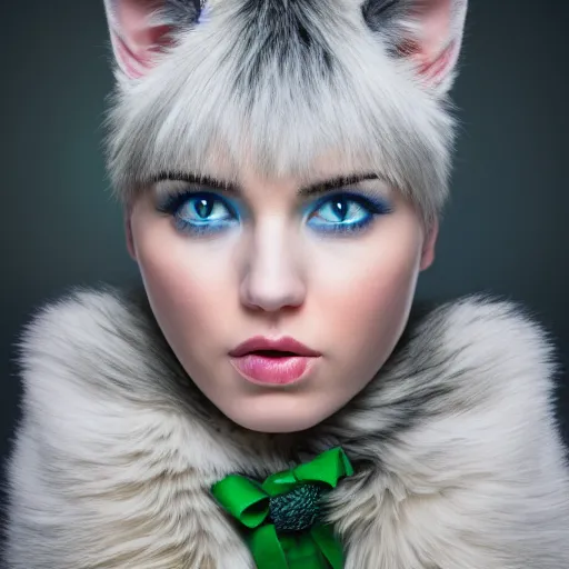 Image similar to A beautiful woman with blue short hair with bangs and green eyes holding a grey and white cat, full body portrait, highly detailed, excellent composition, dramatic lighting, realistic 4k