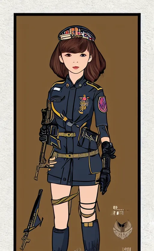 Image similar to patch design, girl, by kuvshinov ilya, concept art, trading card front, insignia, soldier clothing, military gear, vector line art