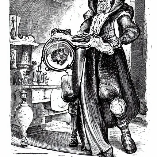 Image similar to a 17th-century alchemist who has 2 bubbling potion bottles in the style of Warhammer fantasy :: black and white, head and torso drawing, very high quality, concept art