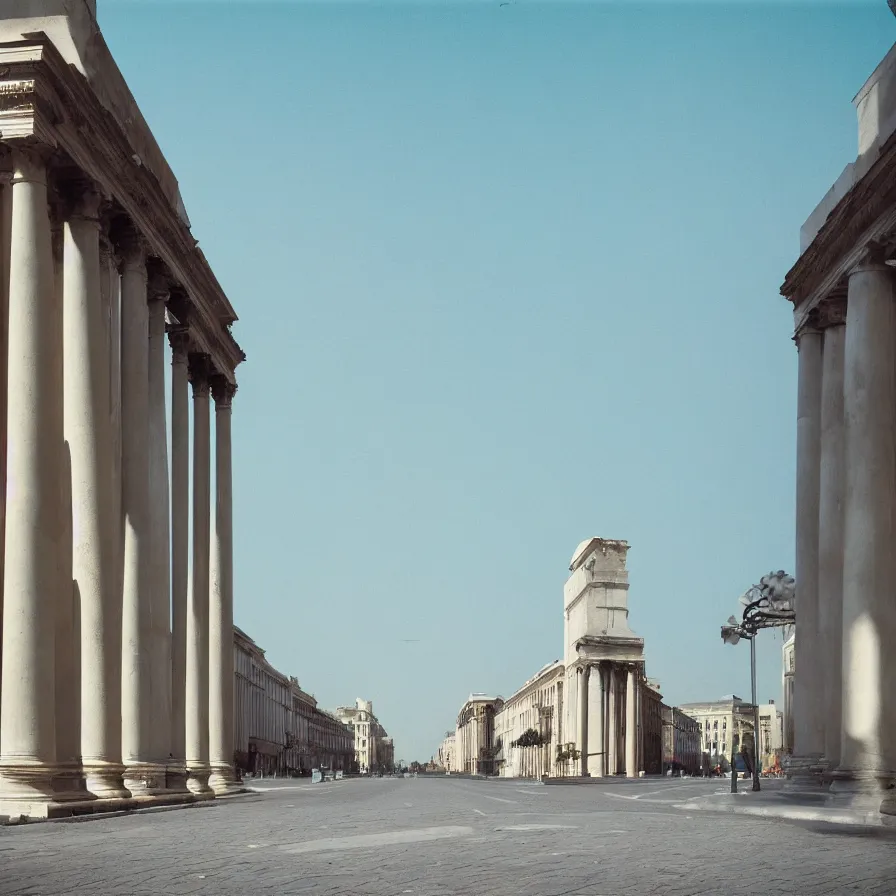 Prompt: an empty boulevard with huge neoclassical pyramid with columns, by etienne - louis boullee, cinestill 8 0 0 t technicolor, heavy grain, high quality, high detailed