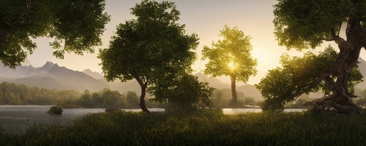 Prompt: big realistic tree near to a river on sunset with reflection on the leaves and mountains in the background, landscape, extremely high fidelity, 8 k, super resolution, concept art, cinematic view, super resolution, unreal engine 5, perspective 3 d octane render, 8 k, light rays, lens flare, epic, hyperdetailed