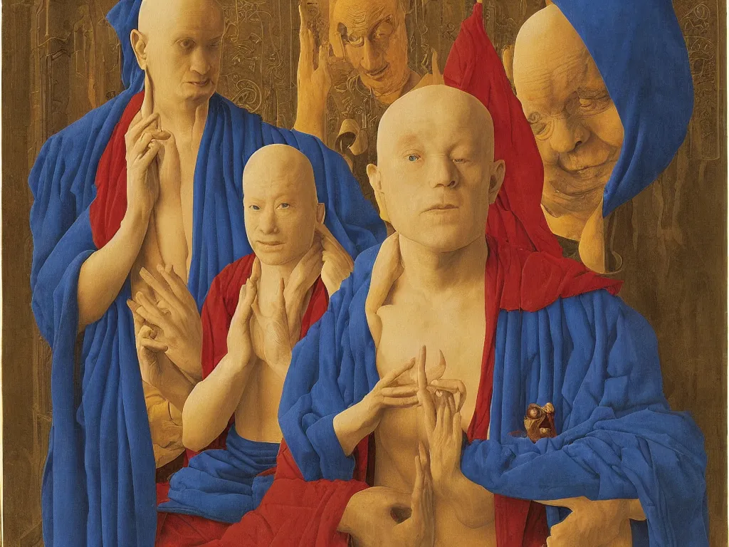 Prompt: Portrait of albino mystic with blue eyes, with Buddhist monk. Painting by Jan van Eyck, Audubon, Rene Magritte, Agnes Pelton, Max Ernst, Walton Ford