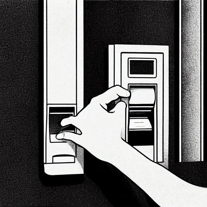 Prompt: a closeup of a hand inserting a card into a slot in an atm in a black - tiled wall. black and white, pencil and ink. by gabriel hardman, joe alves, chris bonura. cinematic atmosphere, detailed and intricate, perfect anatomy