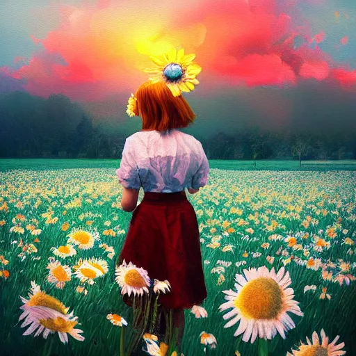 Image similar to girl with a giant daisies head, surreal photography, flower field, sunset dramatic light, impressionist painting, colorful clouds, blue sky, digital painting, artstation, simon stalenhag