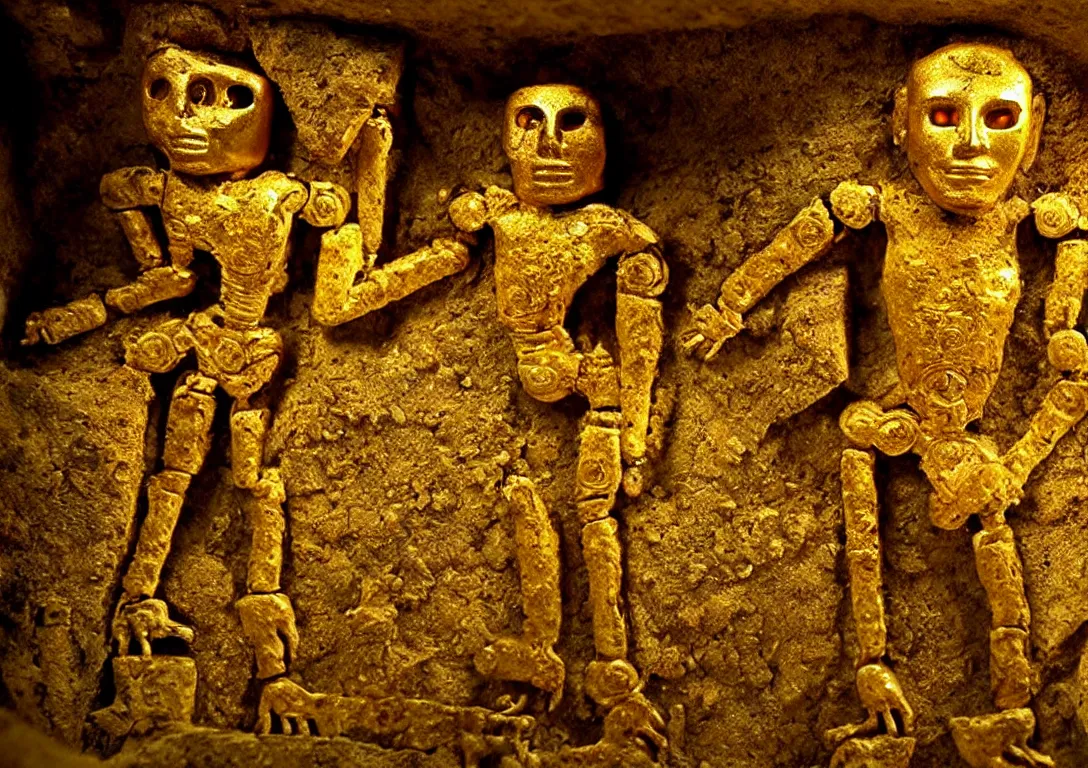 Image similar to Archaeologists discover ancient golden robot inside Mayan burial chamber. Photorealistic. Intricate details.