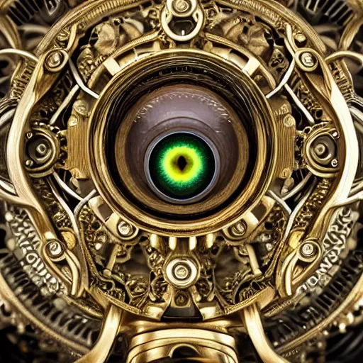 Image similar to a macro photo of a gold and silver mechanical eye, close - up, large intricate iris with gears and inside, intricate gears and lenses and filaments, intricately detailed engravings, intricately detailed markings, intricate textures, warm lighting, vivid colors, realistic octane render, hyper realistic render, volumetric shading, depth of field, raytracing, 8 k,