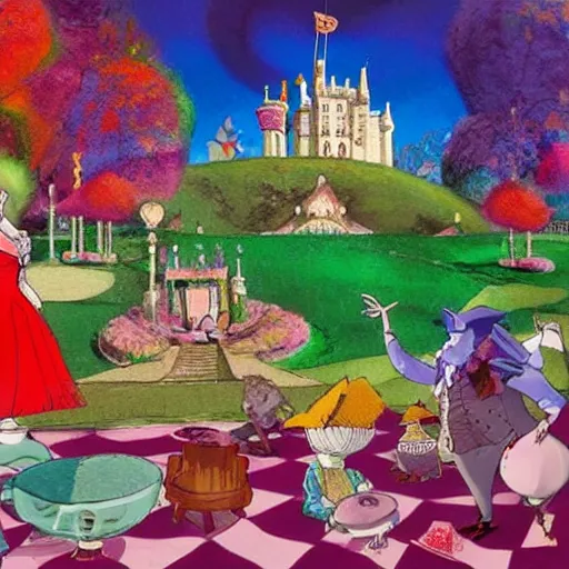 Prompt: A scene from Alice in Wonderland, with the Mad Hatter's tea party in the foreground and the castle in the background. The colors are very bright and whimsical, and the composition is very busy. This is an illustration, done in a traditional animation style with a focus on color and movement. The artist is Craig Mullins, and the artwork is called Mad Tea Party